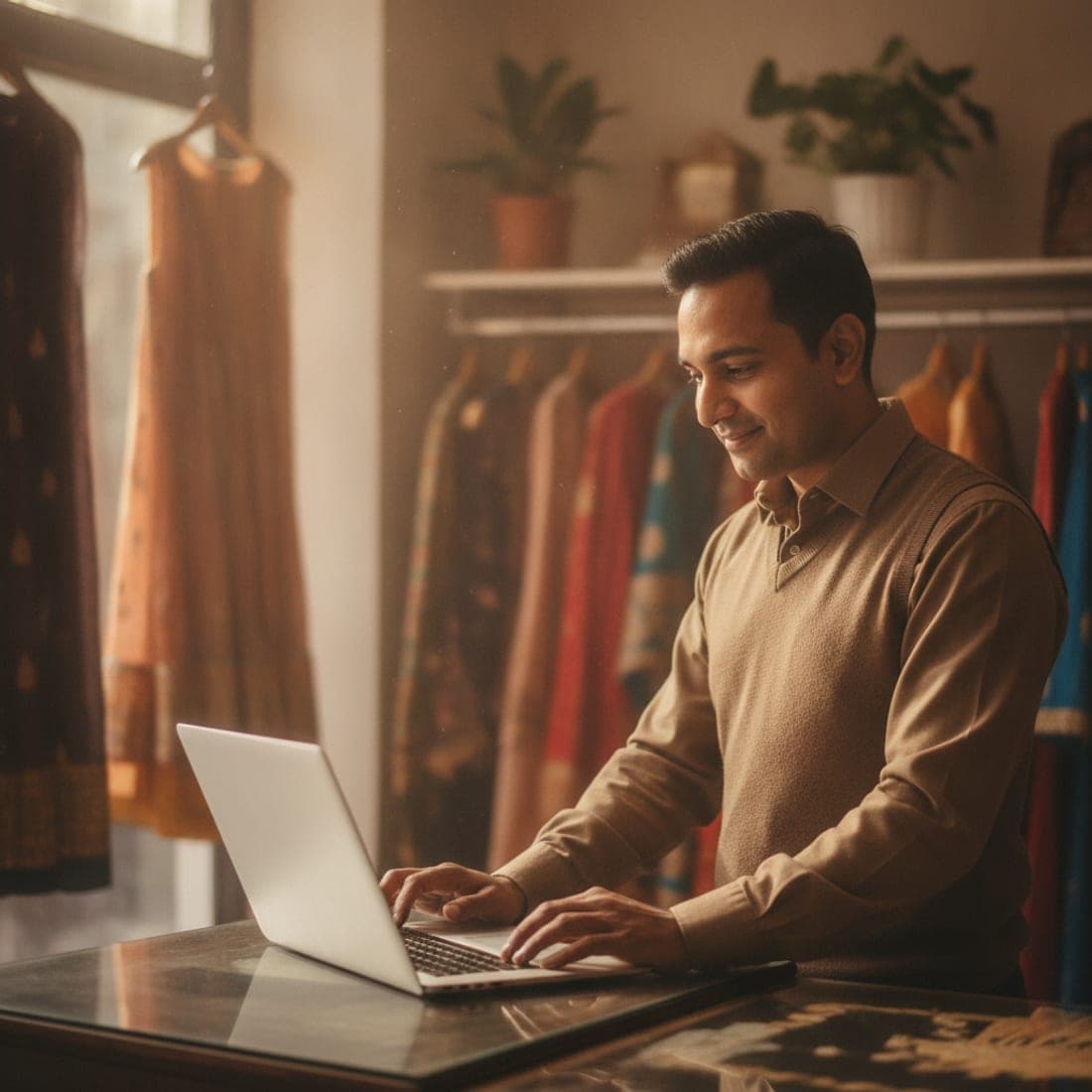 A small boutique owner looking at funding options on a laptop, hopeful.